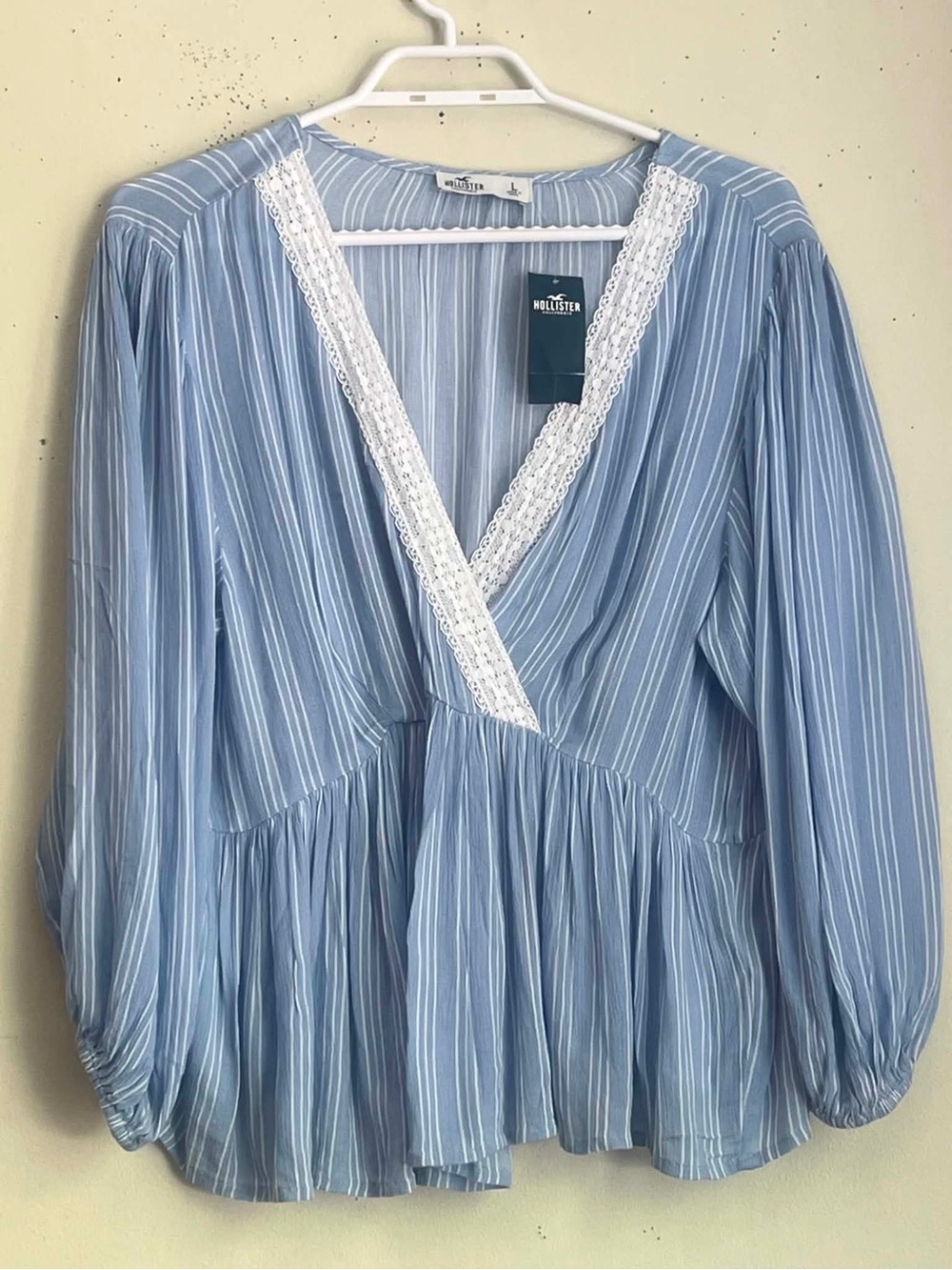 Hollister Blue & White Striped Lace-Trim Peplum Blouse
